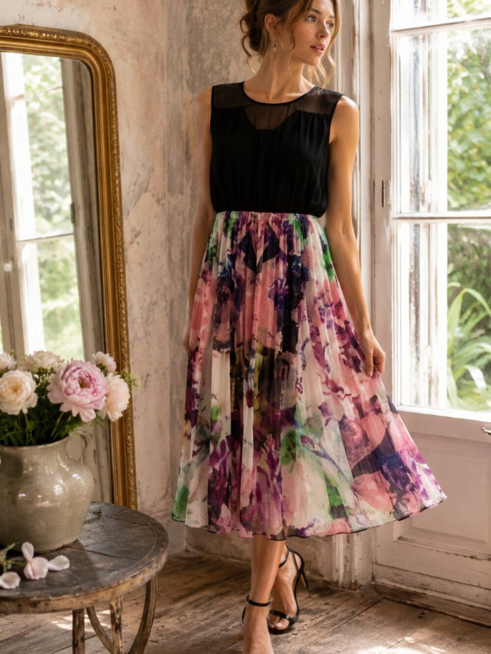 Warehouse Pleated Chiffon Abstract Midi Dress Black Bodice Lined US 10
